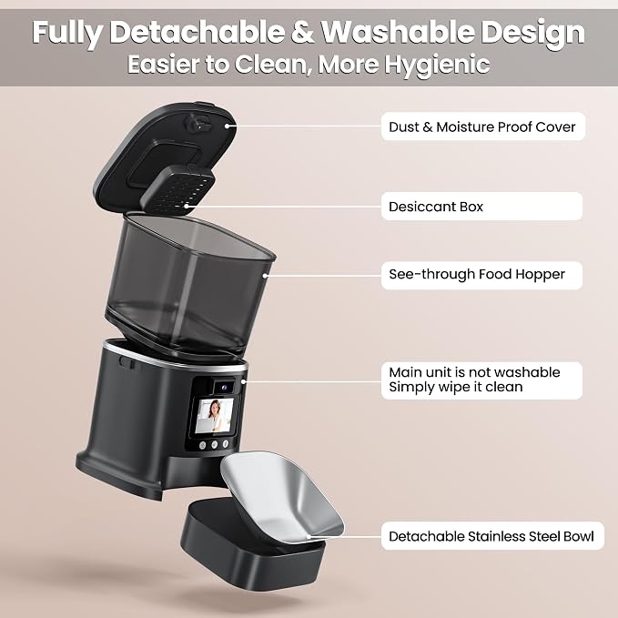 Automatic Cat Feeder with Camera, 2-Way Video& Audio, HD Video with Night Vision, 5G WiFi Pet Feeder, 5L Large Food Storage Container for Multiple Pet, Detachable for Easy Clean (Black)