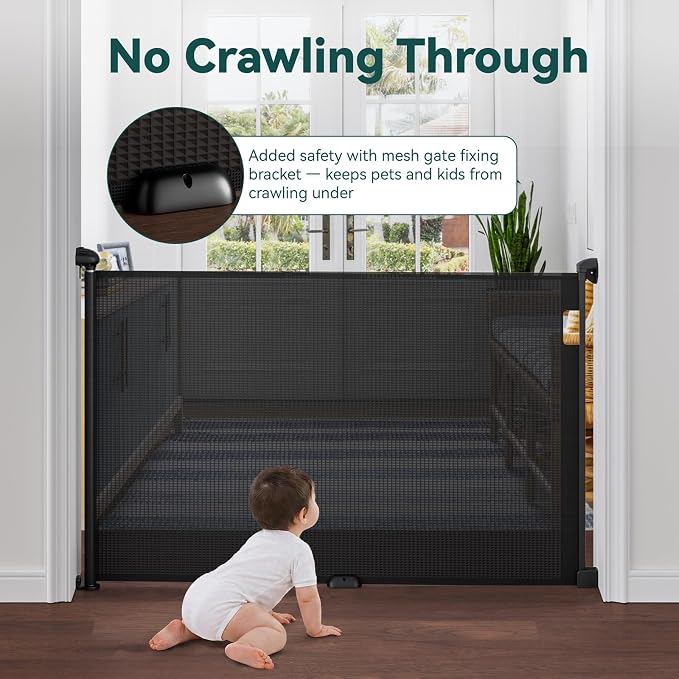 Babepai Retractable Baby Gates for Stairs, Retractable Dog Gate for Indoor/Outdoor Use | Child Gates for Doorways, Deck, Porch, Hallways, Patio (Black, 72" Wide × 34" Height)