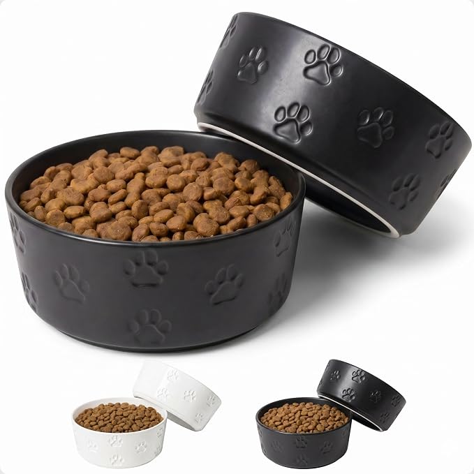 Ceramic Dog Bowl Set of 2 with Anti-Skid Base 7.5" W x 3" H, 6 Cup Capacity | Thick Ceramic, Dishwasher Safe, Anti-Skid Rubber Base, 6 Cups per Bowl, Ceramic Food & Water Bowls Set of 2 for Large Dogs