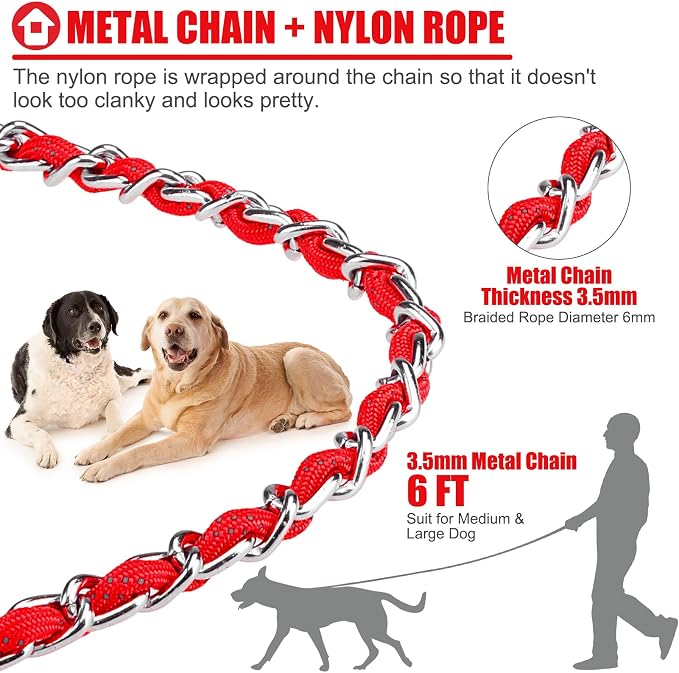 Homimp Chain Dog Leash - Reflective, Chew Proof Metal Leash for Large Dogs, 6 FT with Comfortable Soft Padded Handle, Anti Bite Durable, Non Chewable (Red)