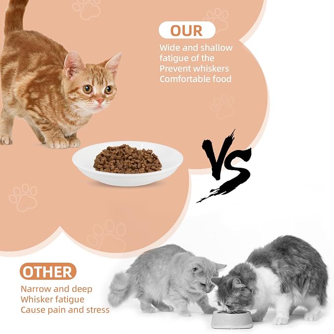 6 Pack Cat Food Bowl, Ceramic Cat Bowls, Anti Whisker Fatigue Cats Bowl Set | 5.5 Inches Shallow Wide Kitten Plates for Food and Water (White-D)