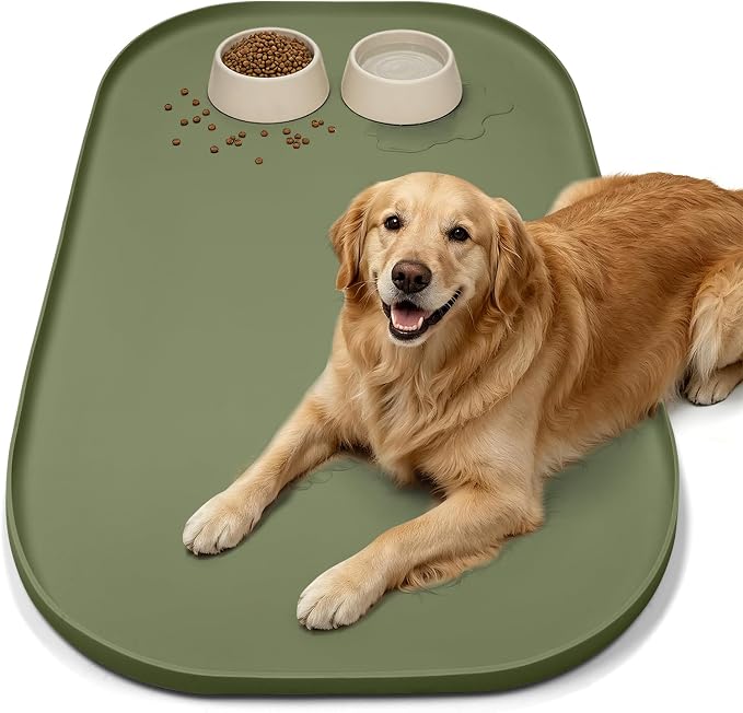 36" x 24" x 1" Extra Large Silicone Pet Food Mat with Raised Edge for Food and Water Bowl, Dog Feeding Mats, Cat Food Trays for Floor Waterproof, Rubber Tray for Dogs and Cats, Light Olive Green