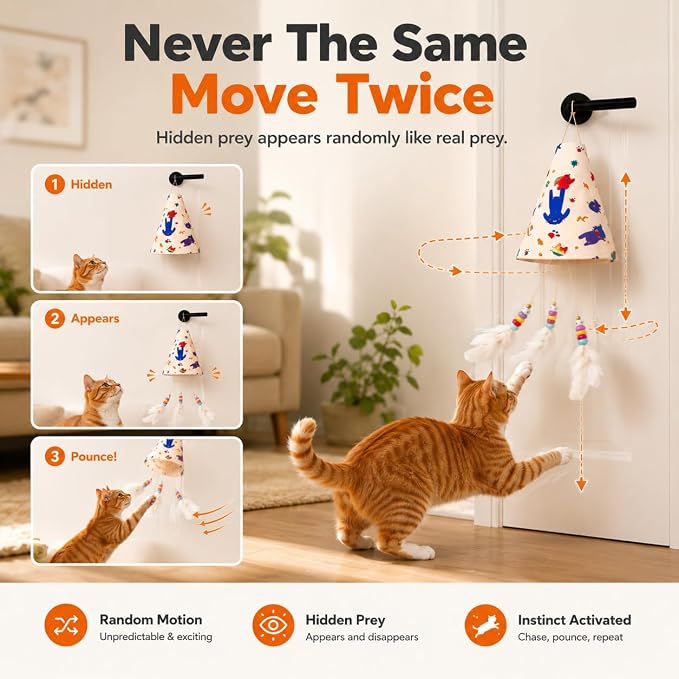 Interactive Cat Toys for Indoor Cats, Automatic Hanging Cat Hunting Toy | Randomly rising hidden prey feather keeps cats hunting active and entertained while reducing boredom and destructive behavior