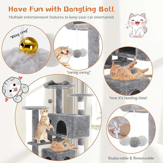 54 Inch Cat Tree Tower with Scratching Post, Light Grey | Multi-Level Cat Tower with Condo and Climbing Ladder, Play Toy Balls House for Indoor Cats