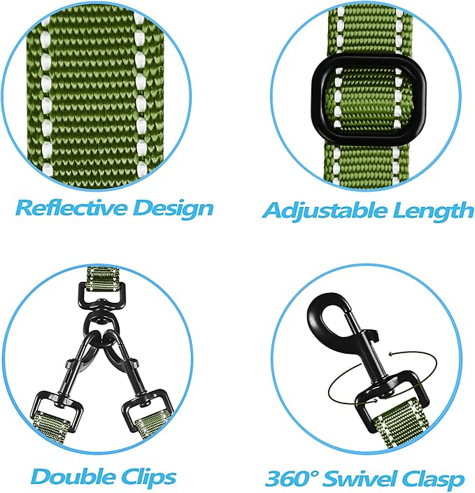 PetBonus Double Dog Leash, No Tangle Dual Leash, Walking Training Lead | 4 Comfortable Padded Handles, Adjustable, Reflective, For Two Large Medium Dogs, Collapsible Bowl and Waste Bags, Khaki Green