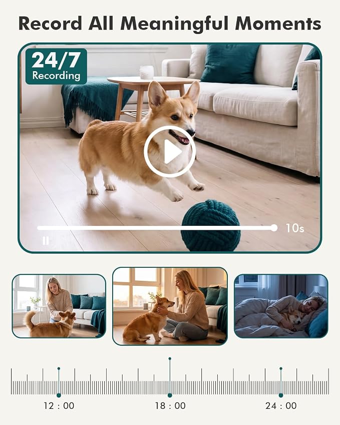 Dzees 2K Indoor Security Camera, 360° WiFi Pet Camera with Phone App | 5GHz and 2.4GHz WiFi, wired design, 2-way audio, motion tracking, night vision