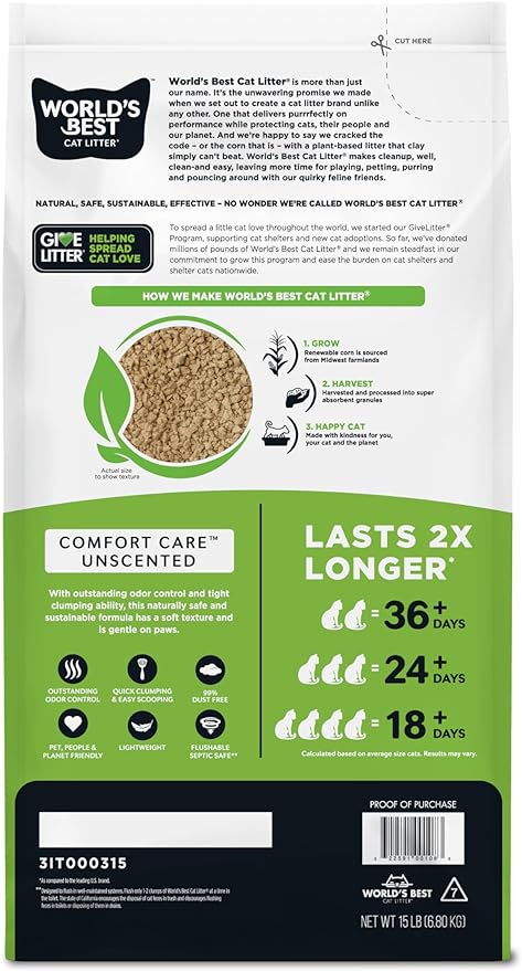 World's Best Cat Litter, Comfort Care, Unscented, Odor Control, 15 lb Bag | Gentle odor control for sensitive cats and lasts 2x longer; natural corn litter, quick clumping, flushable, 99% dust free