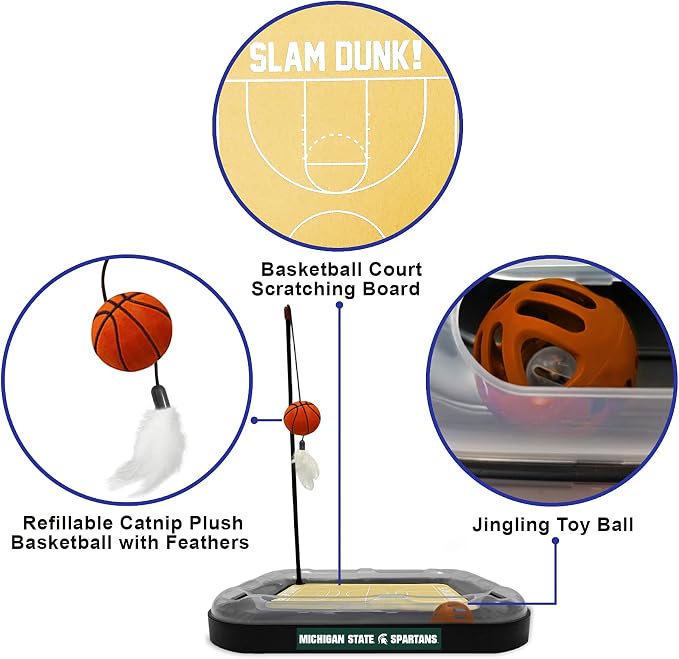 Cat Scratch Toy NCAA Michigan State Spartans Reversible Basketball Court Felt/Cardboard Cat Scratcher Toy. Interactive Cat Ball Bell. 6-in-1 CAT Toy: Cat Wand Poll with Catnip-Filled Plush Basketball