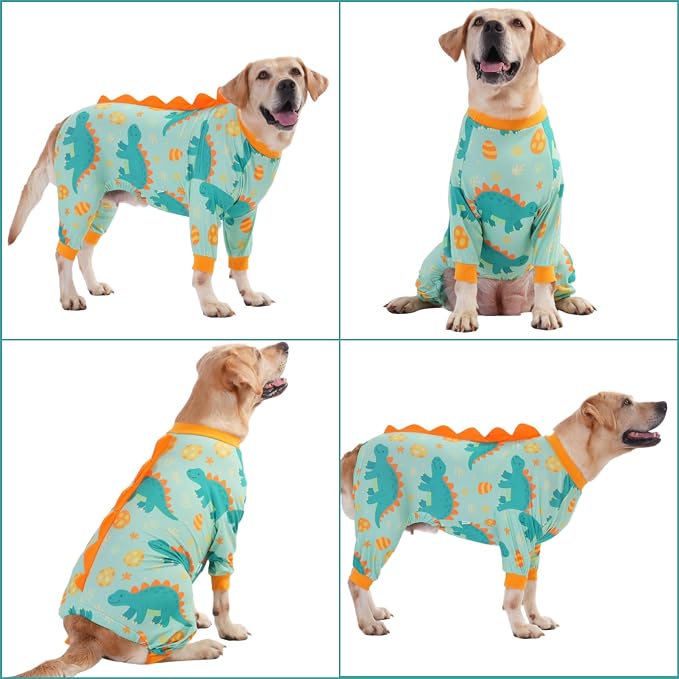 LovinPet Large Dog Pajamas, Four-Leg Stretch Onesie Bodysuit, Lightweight UV-Shielding Pajamas, Anti-Lick Calming Recovery Suit for Surgery, Pull-On for Medium and Large Breeds,Green Orange,XL