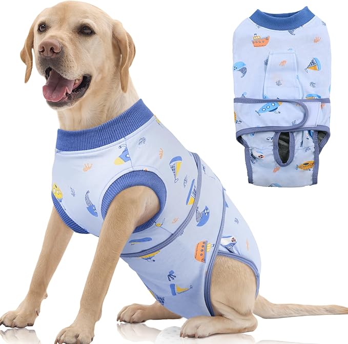 FUAMEY Dog Recovery Suit, Soft Surgical Suit for Dogs Onesie for Surgery | Cone Alternative after Surgery, Abdominal Wound Protector, Anti Lick Suit, Dog Onesie for Surgery Female Male Blue Boat XL