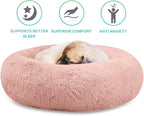 SAVFOX 23 inches Calming Donut Dog Bed - 3X Durable Plush Faux Fur, Machine Washable & Non-Slip, Fits up to 25 lbs, Pink