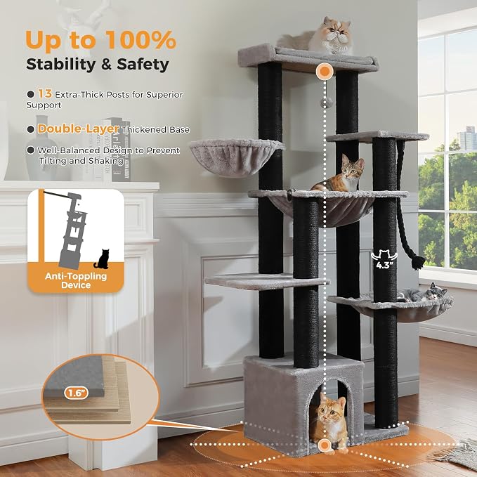 MUTTROS Large Cat Tree-67 Maine Coon Cat Tower for Indoor Cats Large Adult with 7 Thick Black Scratching Posts (φ4.3), Multi-Level Condo, Big Perch & Hammocks -Black