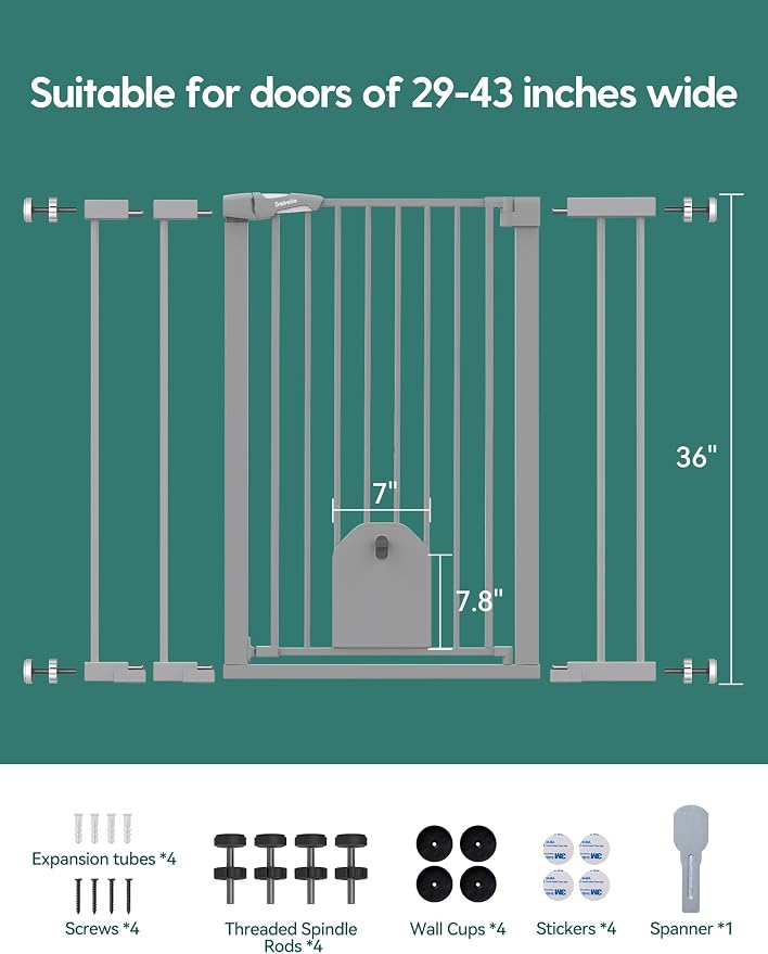 Babelio 36" Tall Baby Gate with Adjustable Cat Door, CatPrivilege I, 29-43" | Auto Close, Safety Gate for Stairs, Easy Walk Thru with Pet Door, Includes 4 Wall Cups and 3 Extension Pieces, Gray