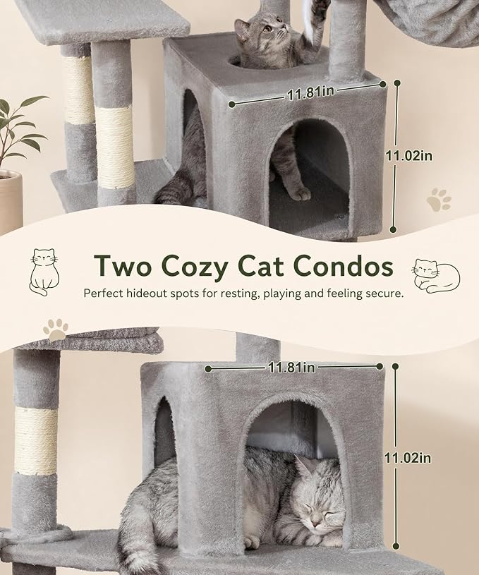 AMHANCIBLE 70 Inch Cat Tree for Large Cats, Multi-Level Cat Tower | Cat Houses & Tree Tower with 2 Condos, 8 Sisal Posts & Hammock for Indoor Cats Large Adult, Grey