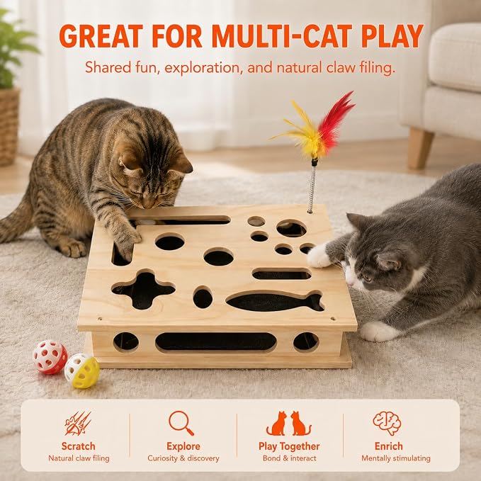 Cat Nail File Scratcher, Interactive Cat Scratch Puzzle Treat Box for Indoor Cats, Solid Wood Sandpaper Liner Claw Care Toy with 3 Balls & Feather, Stress-Free Alternative to Clippers & Grinders