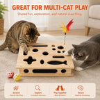 Cat Nail File Scratcher, Interactive Cat Scratch Puzzle Treat Box for Indoor Cats, Solid Wood Sandpaper Liner Claw Care Toy with 3 Balls & Feather, Stress-Free Alternative to Clippers & Grinders