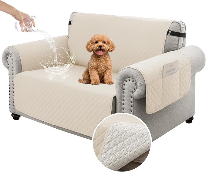 100% Waterproof Couch Cover for Dogs with Non-Slip & Side Pockets 46", Furniture Protector Sofa Covers, Washable Cushion Covers for Pets Kids Cat-Small Loveseat Beige