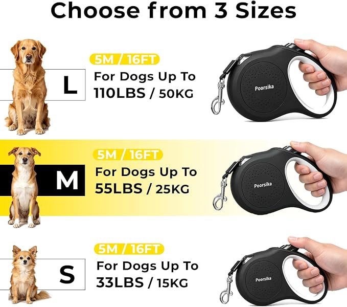 Retractable Dog Leash 16 ft Extendable Leash for Small and Medium Dogs Tangle-Free Nylon Tape One-Hand Brake Lock Walking Lead Up to 55 lbs