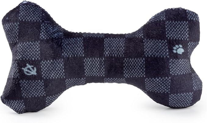 Haute Diggity Dog Chewy Vuiton Bone Plush Squeaky Dog Toy, Soft Durable Designer-Inspired Stuffed Puppy Chew Toys for Small & Medium Dogs, Machine-Washable (Black Checker) Small