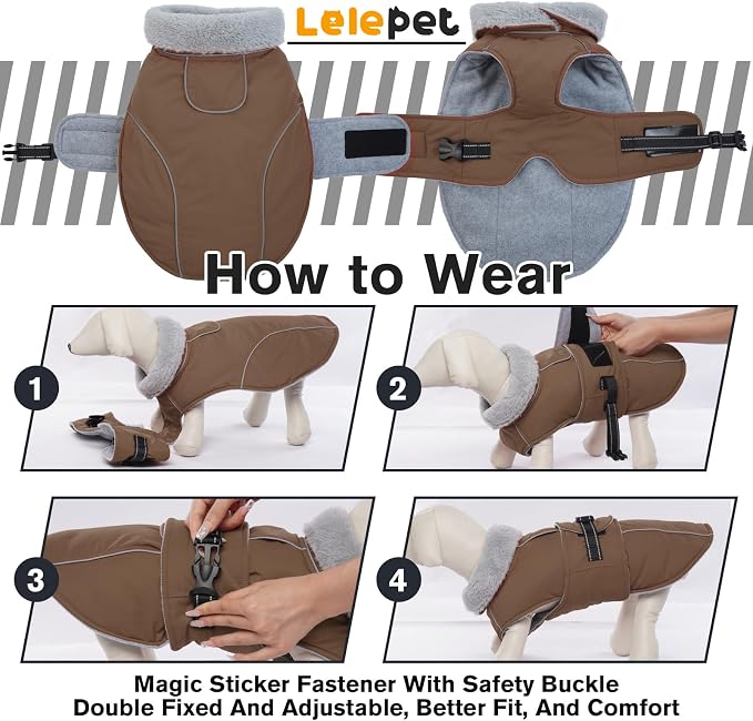 Lelepet Dog Coats for Large Dogs Waterproof Dog Jacket with Adjustable Fit | Reflective Winter Coat Pet Fleece Vest Windproof Cold Weather Coats with Adjustable Buckle & Leash Hole, Brown, XXXL