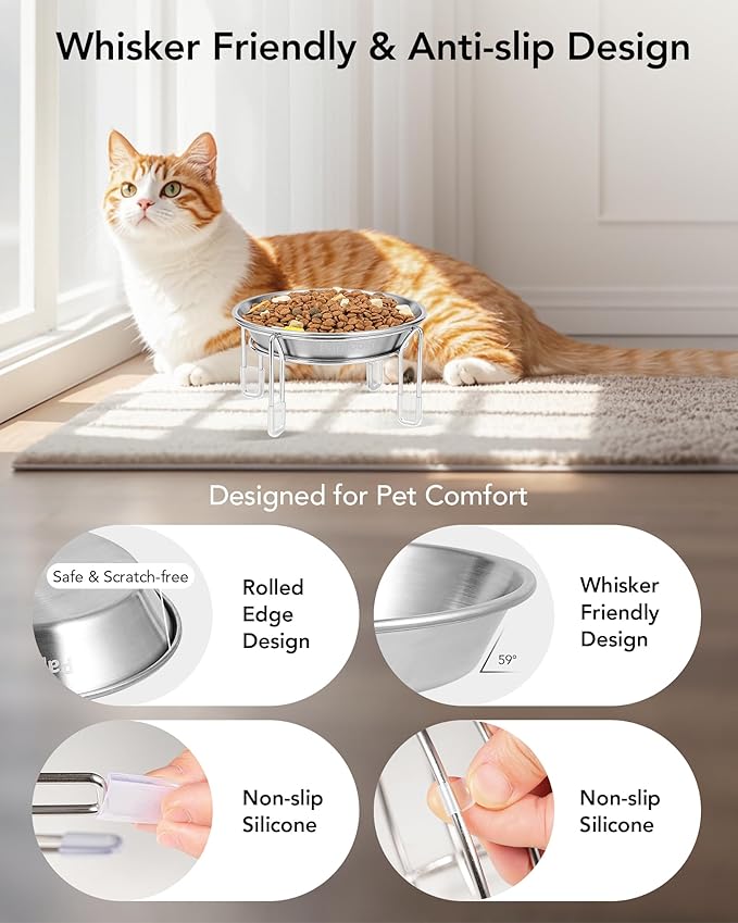 Elevated cat Bowl 2PC, 6.3" Wide Raised Cat Bowl | Stainless Steel Cat Food and Water Dishes, Small Dog Bowl, Whisker Friendly, Anti-Vomiting, Neck Stress-Free Bowl Stands