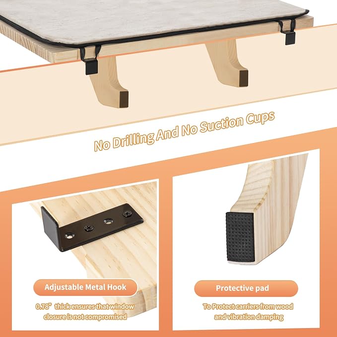 PETSFIT Cat Window Perch, Solid Wood, Fleece Mat, Windowsill Bedside Drawer | Natural Wood Cat Hammock, Tool-Free Assembly, Fits Large Cats, Windowsill Bedside Drawer Use, Washable Cushion Included