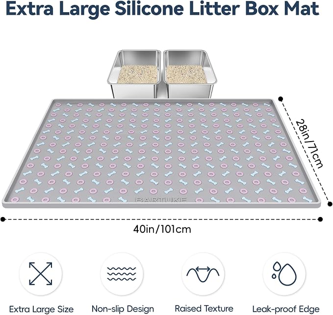 Silicone Cat Litter Mat 40" x 28" Cat Mat for Litter Box, Light Grey | Extra Large Litter Box Mat, Waterproof Cat Litter Trapping Mat, Non-slip, Leakproof Kitty Litter Mat with Bone Pattern