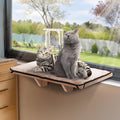 PETSFIT Cat Window Perch for 2 Cats, Adjustable, Solid Wood, Removable Mat | Natural Wood Cat Hammock, Tool-Free Assembly, Fits Large Cats, Windowsill Bedside Drawer Use, Washable Cushion Included