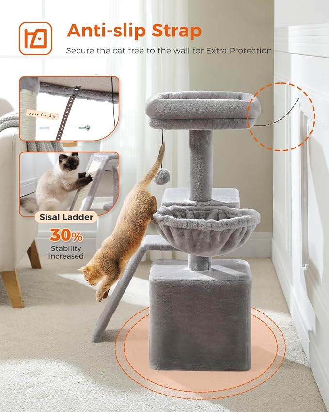 PETEPELA Small Cat Tree for Indoor Cats, 32'' Cute Cat Tower Cat Condo with Sisal Scratching Ramp, Cozy Hammock and Removable Top Bed Perch for Kittens, Grey | Compact 4-in-1: sisal scratching ramp, cozy hammock, condo & removable washable top bed; for...