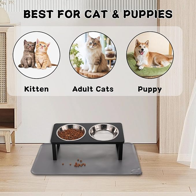 Summark 2Pack Elevated Cat Bowls with Food Mat,15°Tilted Stand Anti Vomiting Raised Cat Dishes for Food and Water,2 Stainless Steel Bowls for Cats and Puppy,Black