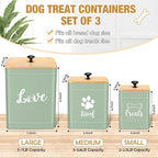 Jingmore Metal Dog Treat Containers Set of 3 with Bamboo Lids and Spoon Airtight 7+3+2 lbs Dog Food Snack Jars with DIY Labels Big Pet Cookie Storage Jar for Kitchen Counter (Sage Green,Cute)
