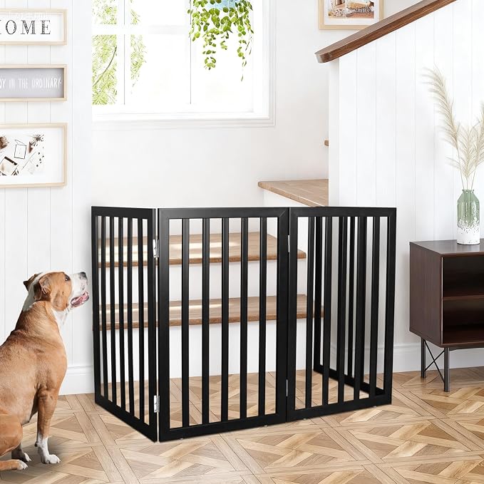 ZJSF Freestanding Indoor Dog Gate for House Foldable Wood Black Puppy Gate for Doorways Pet Gate for Stairs Extra Wide Pet Fence 24" Height 3 Panels