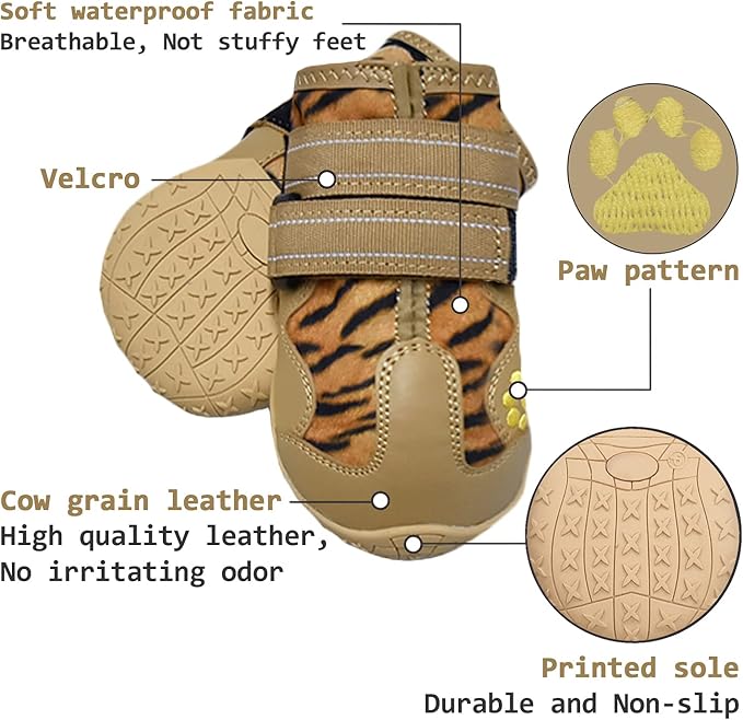 XSY&G Dog Boots,Waterproof Dog Shoes,Dog Booties with Reflective Strips Rugged Anti-Slip Sole and Skid-Proof,Outdoor Dog Shoes for Small Medium Large Dogs 4Pcs Leopard-Size 1