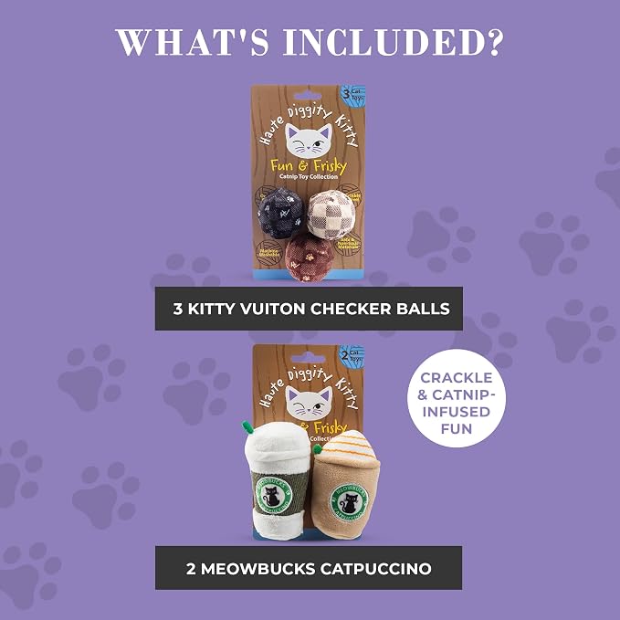Haute Diggity Kitty Vuiton Balls + Meowbucks Catpuccino Soft Plush Cat Toys | 5 Pack Catnip Toys with Interactive Crackle Sound, Safe & Durable Cat Nip Kicker Toy for Outdoor & Indoor Cats & Kitten