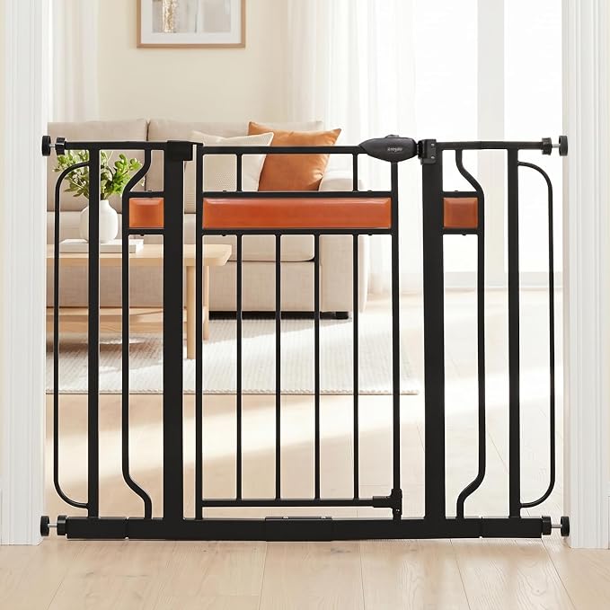 Regalo Safety 30"-41.5" Extra Wide Baby Gate, Bottom of Stairs & Doorways | Pressure Mounted with Door, For Babies, Toddlers & Pets, Black with Wood Accent, Tested & Trusted for 30 Years