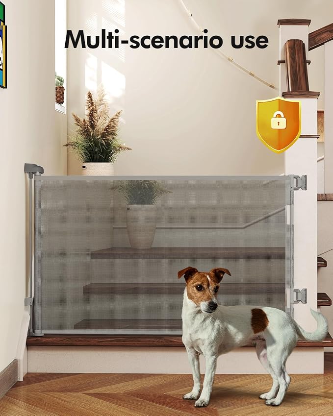 Retractable Baby Gates, Mesh Dog Gate for Doorways, 33.6" Tall, Expands to 71" Wide,Pet Safety Essential Fit for Baseboards, Wide Toddlers Gates for Hallways, Indoor & Outdoor,Gray