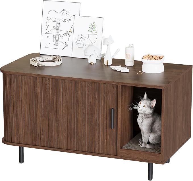 Halitaa 37.4" Cat Litter Box Enclosure with Scratch Pad, Sliding Door | Litter Box Enclosure Furniture Hidden Litter Box, Modern Indoor Cat House, TV Stand, Side End Table for Living Room, Walnut