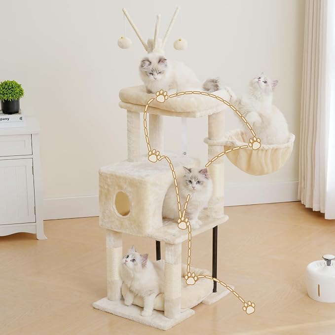Heybly Cat Tree, 45.3" Cat Tower for Indoor Cats with Large Perch HCT202SM | All-in-One Cat Furniture with Cozy Bed, Hidden Space Cat Condo, Comfy Hammock, Scratching Posts & 3 Pompoms, Beige