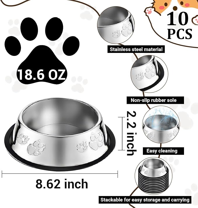10 Pcs Stainless Steel Dog Bowl Pet Feeding Bowl with Rubber Base Non-Slip Pet Dishes Metal Dog Bowls Pet Food and Water Bowls for Small Medium Animals Kitten Rabbit (18.6 oz)