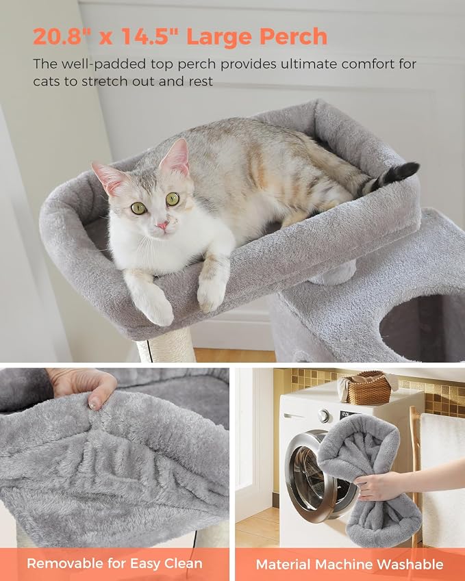 XL Cat Tree 44" Cat Tower for Large Cats 20 lbs, 2 Spacious Caves | Multi-Level Cat Tree with Scratching Posts, Soft Padded Perch, 2 Dangling Toys