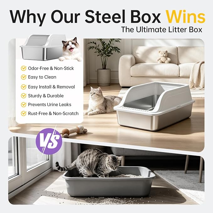 Stainless Steel High Sided XL Cat Litter Box, 2 Pack | High-sided design prevents urine leakage. Non-stick and easy to clean. Includes scoop (Gray)