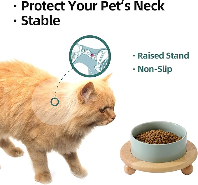 Havniva Raised Cat Bowl 5.1” Elevated Ceramic Cat Food and Water Bowl | Cat Bowls Elevated, Whisker Friendly Cat Bowl, Non-Slip Wood Stand, Food-Grade Ceramic, Wide Opening, Dishwasher Safe