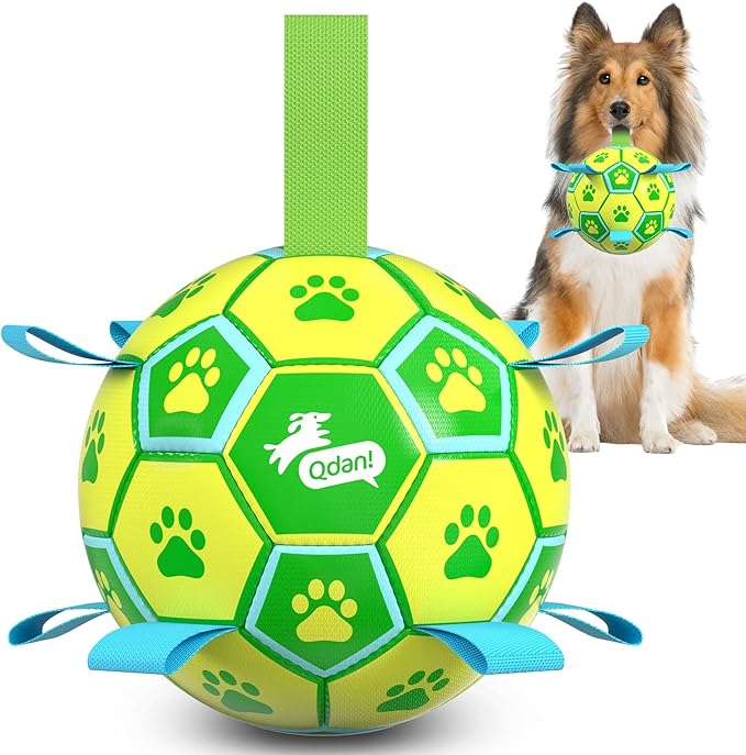 QDAN Dog Toys Soccer Ball, Durable Dog Balls with Strap for 30-90 lbs Dogs | 8 Inch Soccer Toy with Tabs, Training Herding Balls for Outdoor, Dog Tug Toy for Tug of War, Puppy Birthday Gifts, Green