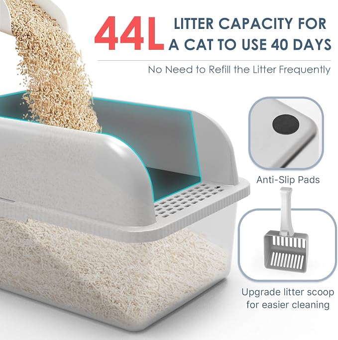 Suzzipaws XL 8" Deep Enclosed Stainless Steel Cat Litter Box for Big Cats | High-Side Anti-Leakage Structure, Non-Sticky Surface, Simple Daily Cleaning, Comes with Scoop & Filter for Multi-Cat Homes
