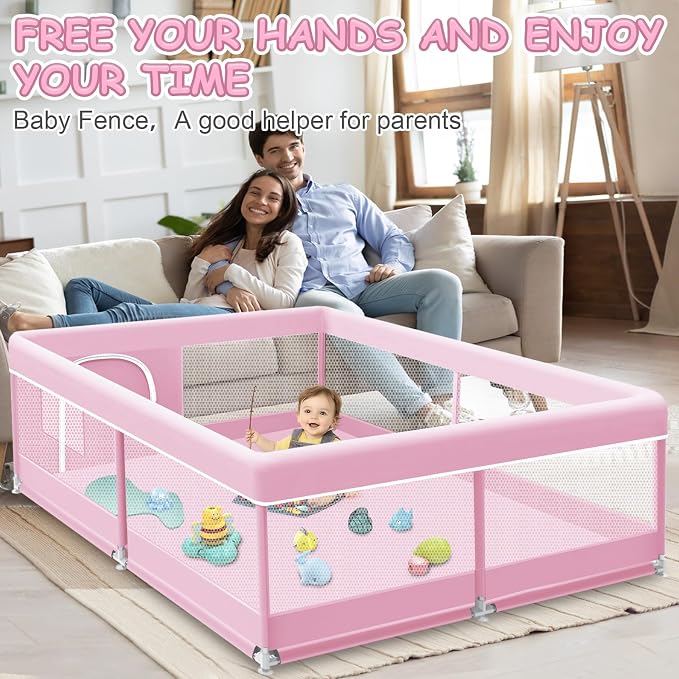 XVISHX Baby Playpen 50 x 50 Inch Play Pen Playards, Playpen for Babies and Toddlers, Baby Playard for Indoor & Outdoor Active Center Game Fence, with Skin-Friendly Fabric and Soft Breathable Mesh Pink