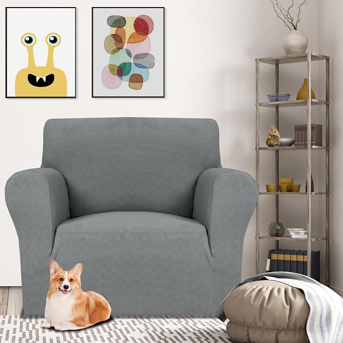 MAXIJIN Chair Covers for Living Room 1 Piece Stretch Sofa Chair Slipcovers with Arms (31"-46") Furniture Protector for Dog Pet Couch Armchair Cover (Chair, Diamond Pattern Light Gray)