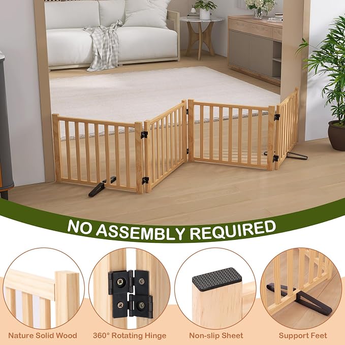 Wooden Freestanding Dog Gate Indoor - 16.9" H 4 Panels | No-painted Foldable Pet Gates for Doorways, Doggy Pet Fence for Stairs, Hallways