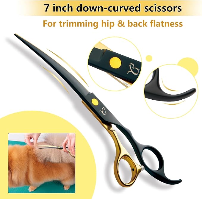 Dog Grooming Scissors,Paint Coated Curved Scissors Thinning Scissors with Safety Round Tips, Sharp and Durable 5 in 1 Dog Scissors for Grooming
