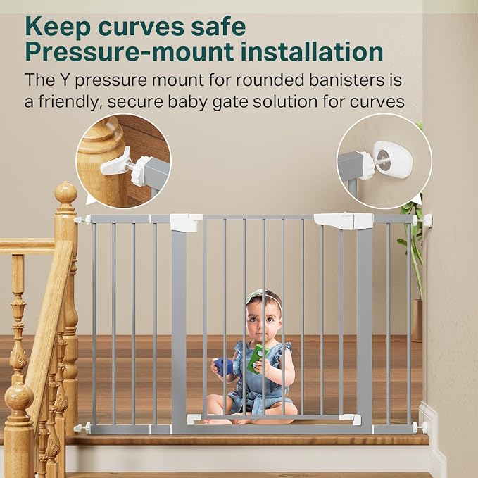 Cumbor 29.7-48" Baby Gate for Stairs, Mom's Choice Awards Winner-Dog Gates for Doorways, Auto Close Safety Pet Gate for Dogs Indoor, Easy Install Pressure Mounted Child Gate with Walk Thru Door, Gray