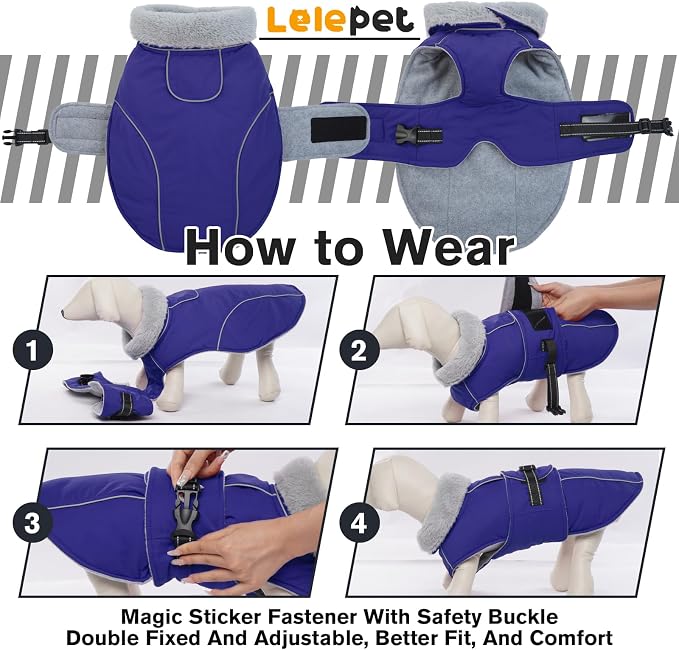 Lelepet Dog Coat Waterproof Dog Jacket Fleece Vest with Adjustable Buckle | Reflective Pet Winter Coat Turtleneck Snowsuit Windproof Cold Weather Coats for Small Medium Large Dogs,Leash Hole,Blue, M
